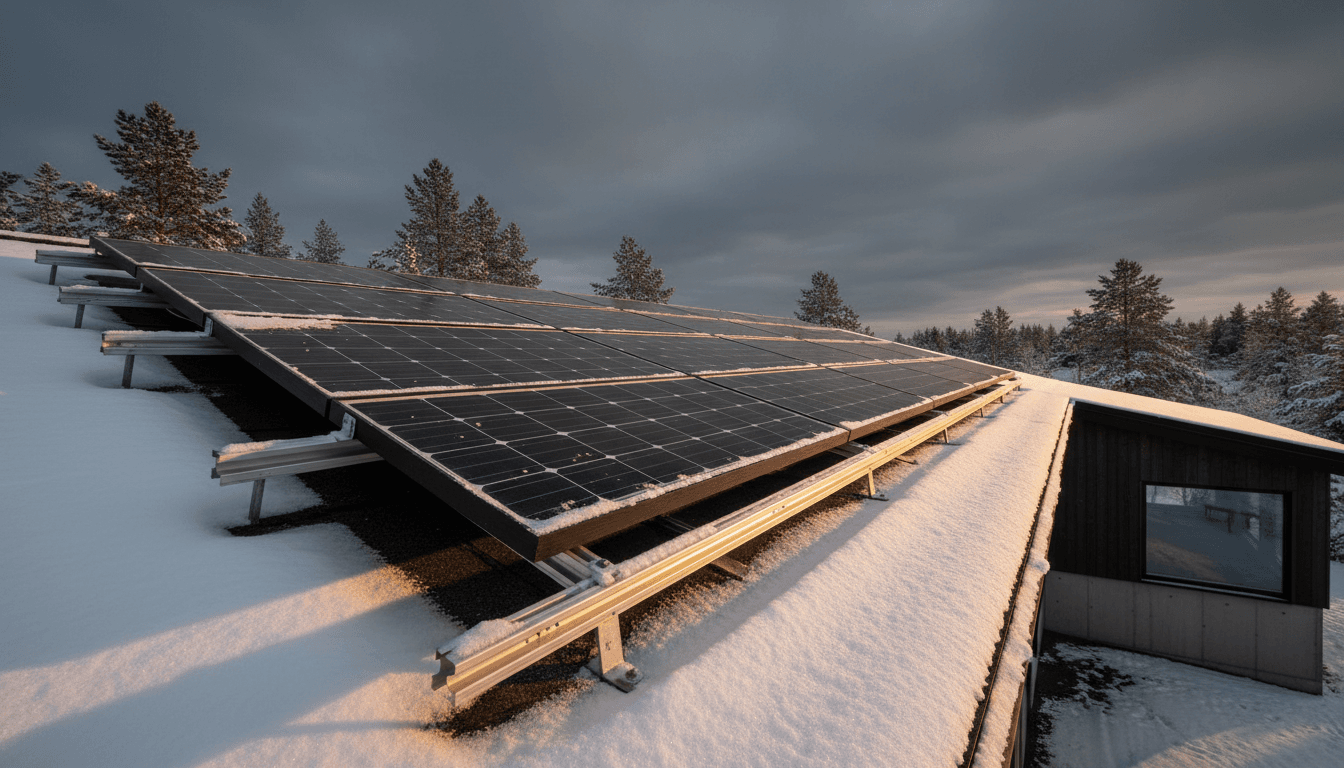 Professional solar array installation on residential rooftop in winter conditions