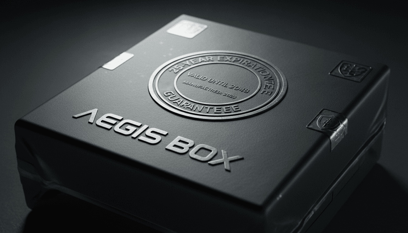 Close-up of Aegis Box packaging showing 25-year shelf life guarantee stamp