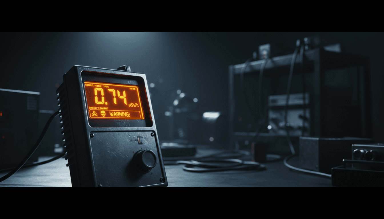 Digital radiation dosimeter display showing active readings under tactical lighting