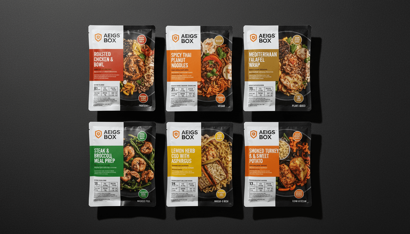Overhead flat-lay of curated Aegis Box meal variety showing complete nutritional selection