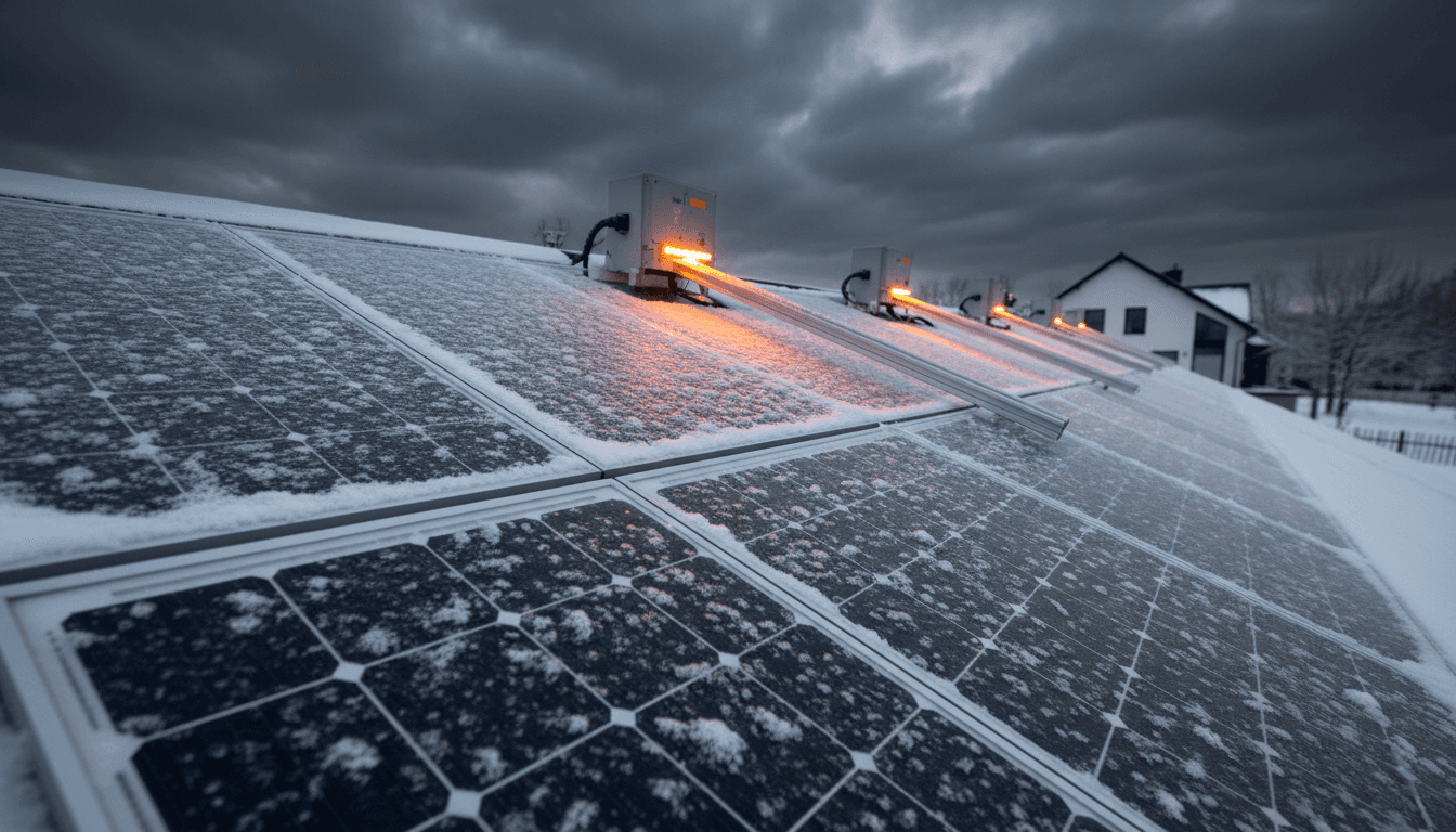 Solar array installation on residential rooftop in winter with snow coverage