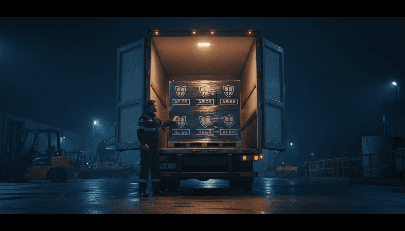 Delivery professional positioned beside stacked Aegis Box pallet ready for home dispatch