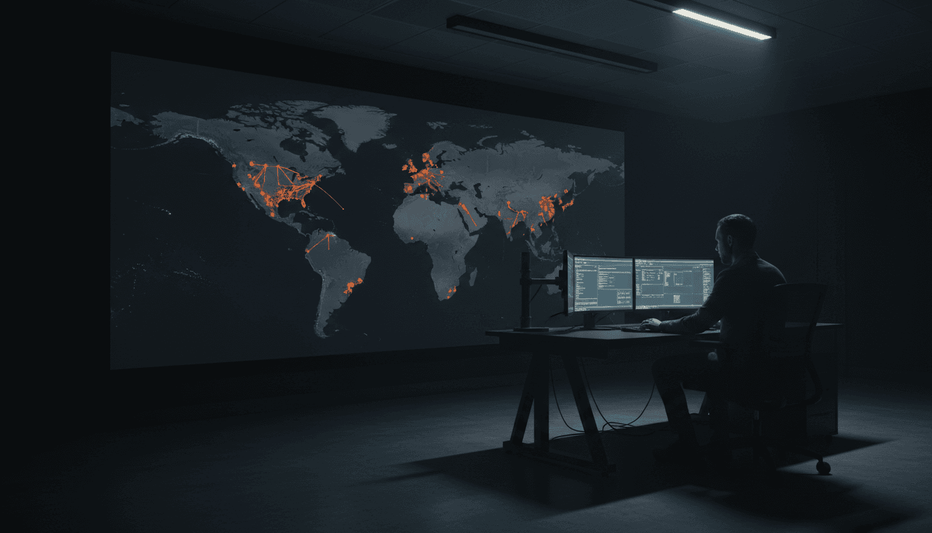 Geopolitical intelligence analyst reviewing global threat data on a high-resolution map display in a modern operations center