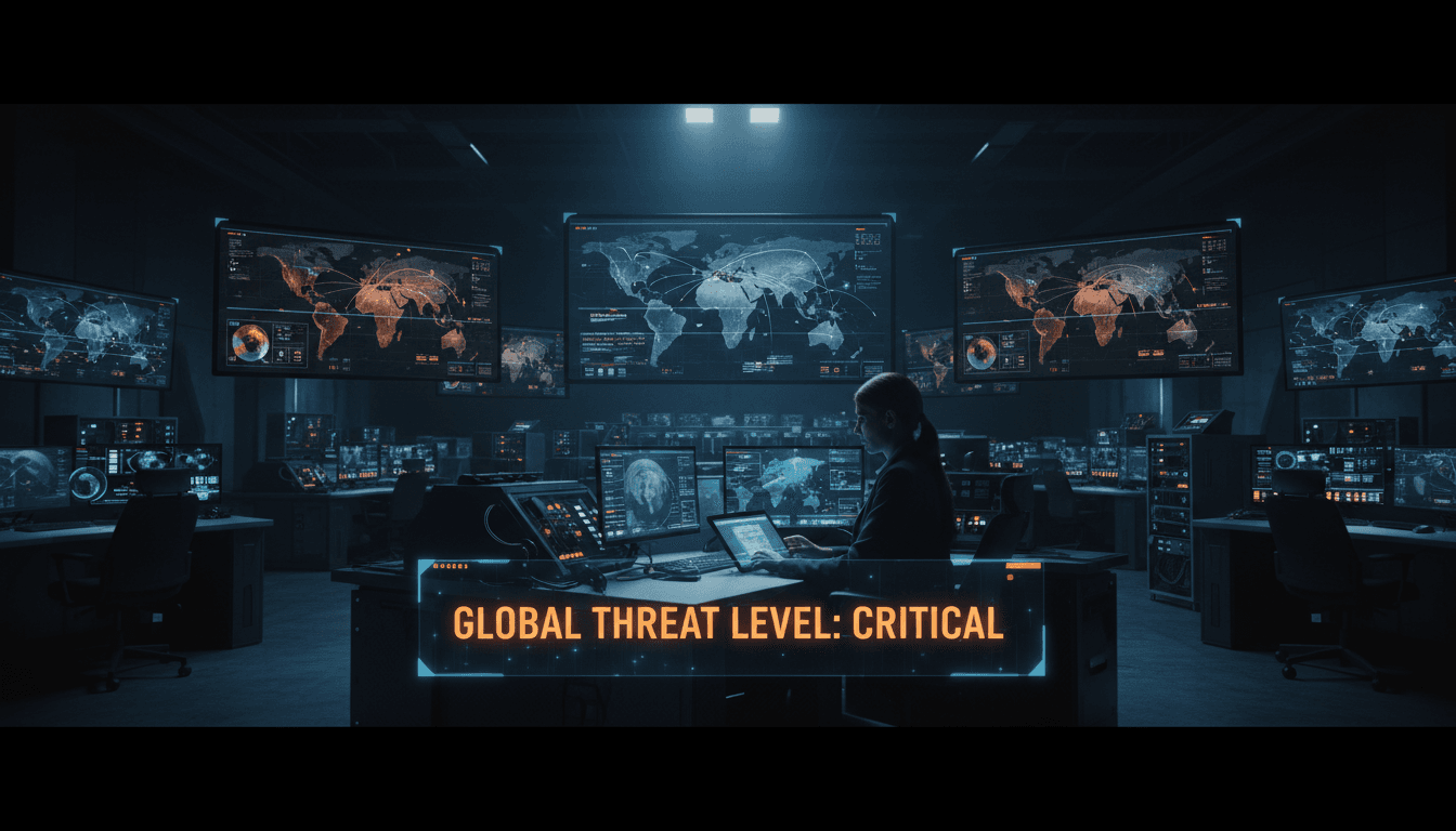 Geopolitical command center with real-time threat monitoring displays