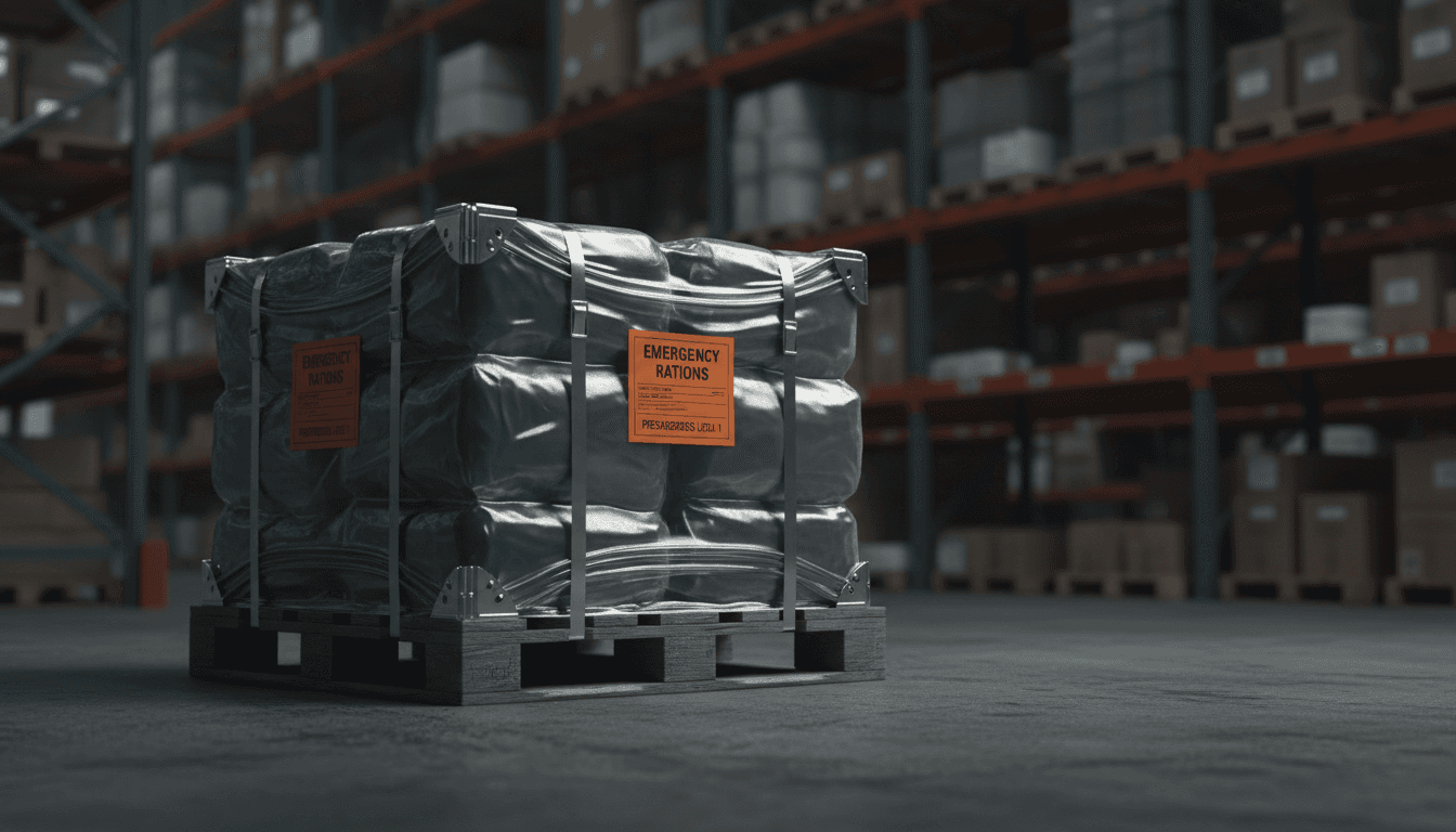 Vacuum-sealed Aegis Box food pallet in professional warehouse