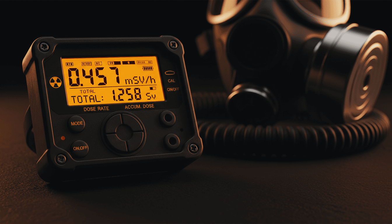 Digital radiation dosimeter and NATO-spec gas mask components in tactical detail