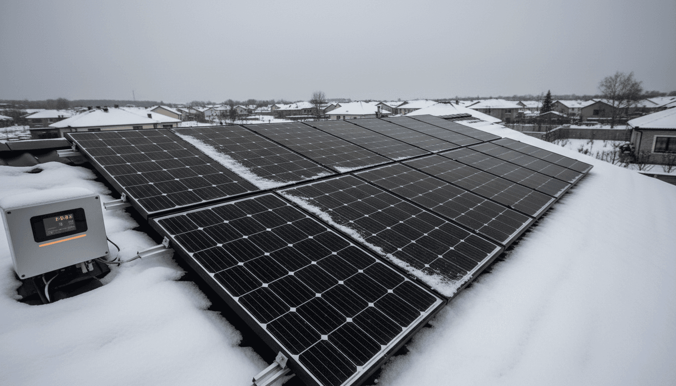 Professional solar panel installation on residential rooftop with winter conditions