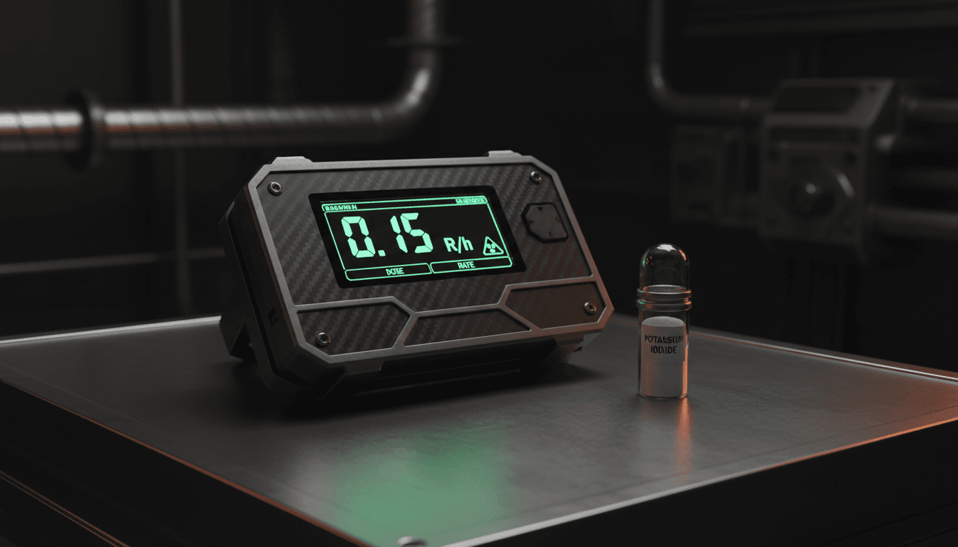 Digital radiation dosimeter with potassium iodide capsule on tactical surface